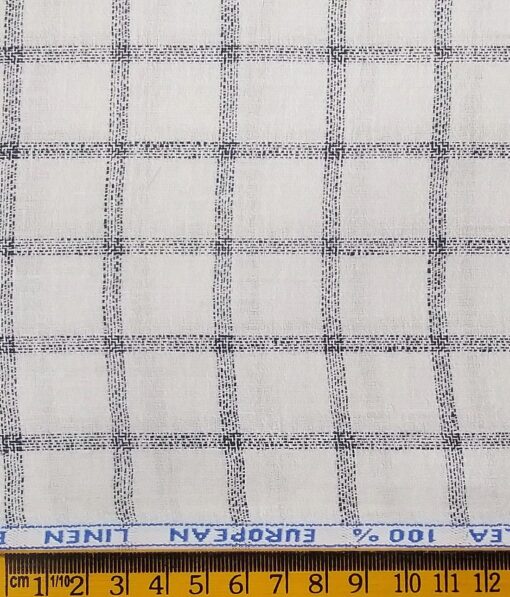 J.Hampstead Italy Men's White & Navy Blue 100% European Linen 60 LEA Broad Checks Shirt Fabric (1.60 Meter)