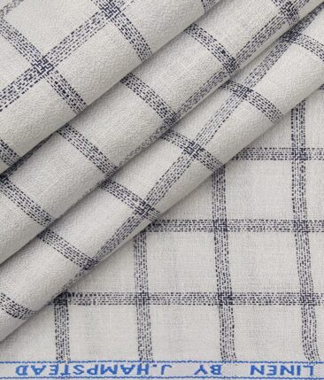 J.Hampstead Italy Men's White & Navy Blue 100% European Linen 60 LEA Broad Checks Shirt Fabric (1.60 Meter)