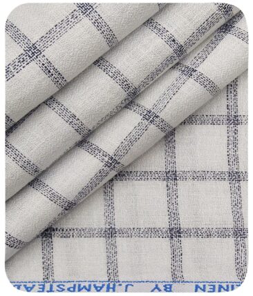 J.Hampstead Italy Men's White & Navy Blue 100% European Linen 60 LEA Broad Checks Shirt Fabric (1.60 Meter)