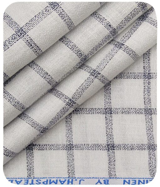 J.Hampstead Italy Men's White & Navy Blue 100% European Linen 60 LEA Broad Checks Shirt Fabric (1.60 Meter)
