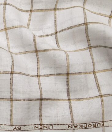 J.Hampstead Italy Men's White & Brown 100% European Linen 60 LEA Broad Checks Shirt Fabric (1.60 Meter)