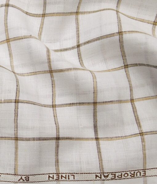 J.Hampstead Italy Men's White & Brown 100% European Linen 60 LEA Broad Checks Shirt Fabric (1.60 Meter)