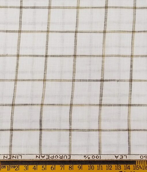 J.Hampstead Italy Men's White & Brown 100% European Linen 60 LEA Broad Checks Shirt Fabric (1.60 Meter)
