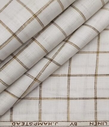 J.Hampstead Italy Men's White & Brown 100% European Linen 60 LEA Broad Checks Shirt Fabric (1.60 Meter)