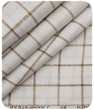 J.Hampstead Italy Men's White & Brown 100% European Linen 60 LEA Broad Checks Shirt Fabric (1.60 Meter)