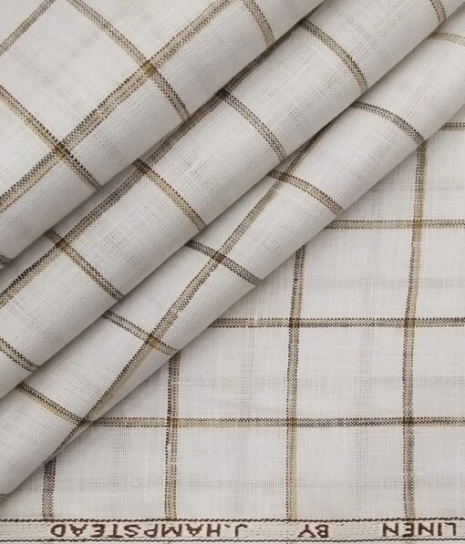 J.Hampstead Italy Men's White & Brown 100% European Linen 60 LEA Broad Checks Shirt Fabric (1.60 Meter)