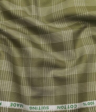 J.Hampstead Italy by Siyaram's Men's Light Greenish Brown 100% Supima Cotton 2 Ply Beige Checks Unstitched Suiting Fabric  (1.30 Meter)