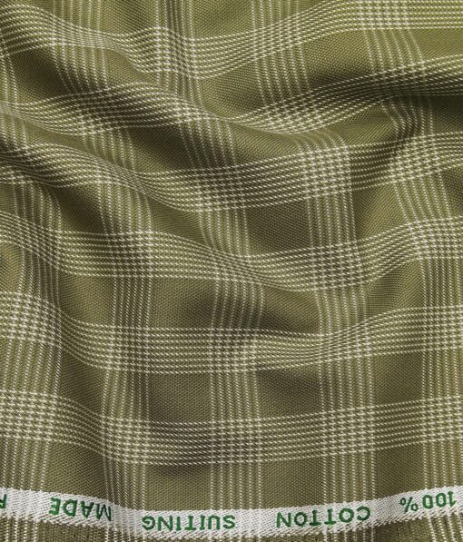 J.Hampstead Italy by Siyaram's Men's Light Greenish Brown 100% Supima Cotton 2 Ply Beige Checks Unstitched Suiting Fabric  (1.30 Meter)