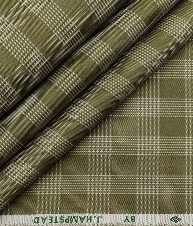 J.Hampstead Italy by Siyaram's Men's Light Greenish Brown 100% Supima Cotton 2 Ply Beige Checks Unstitched Suiting Fabric  (1.30 Meter)