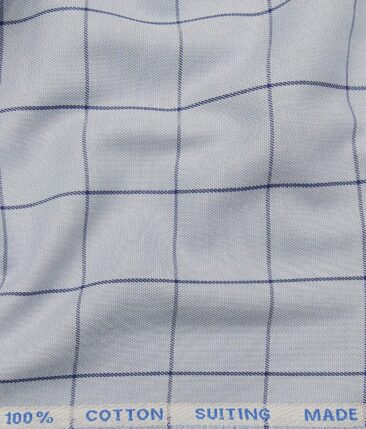J.Hampstead Italy by Siyaram's Men's Sky Blue 100% Supima Cotton 2 Ply Navy Blue Checks Unstitched Suiting Fabric  (1.30 Meter)