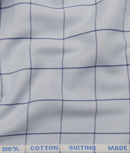 J.Hampstead Italy by Siyaram's Men's Sky Blue 100% Supima Cotton 2 Ply Navy Blue Checks Unstitched Suiting Fabric  (1.30 Meter)