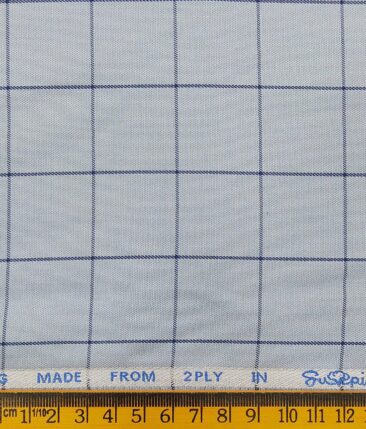J.Hampstead Italy by Siyaram's Men's Sky Blue 100% Supima Cotton 2 Ply Navy Blue Checks Unstitched Suiting Fabric  (1.30 Meter)
