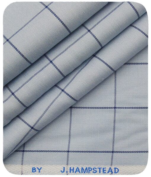 J.Hampstead Italy by Siyaram's Men's Sky Blue 100% Supima Cotton 2 Ply Navy Blue Checks Unstitched Suiting Fabric  (1.30 Meter)