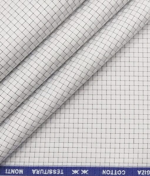 Tessitura Monti Men's Pure White 100% Giza Cotton Black Self Squares Shirt Fabric (1.60 M)
