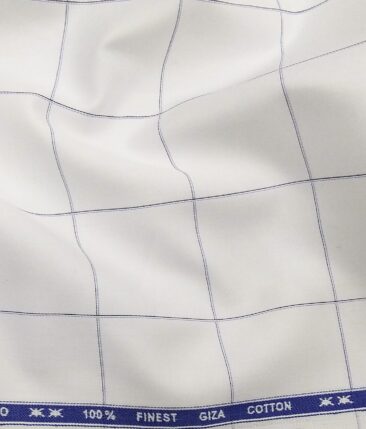 Tessitura Monti Men's White 100% Giza Cotton Broad Blue Checks Shirt Fabric (1.60 M)