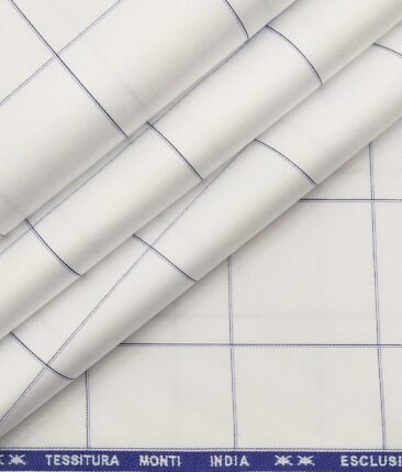 Tessitura Monti Men's White 100% Giza Cotton Broad Blue Checks Shirt Fabric (1.60 M)