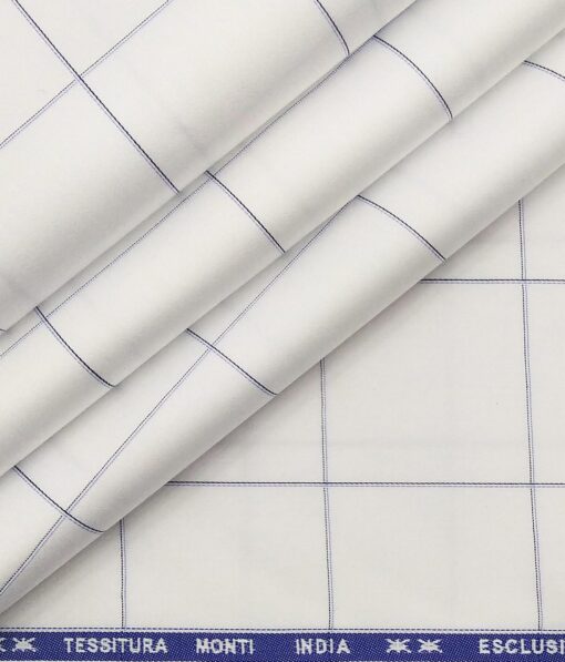 Tessitura Monti Men's White 100% Giza Cotton Broad Blue Checks Shirt Fabric (1.60 M)