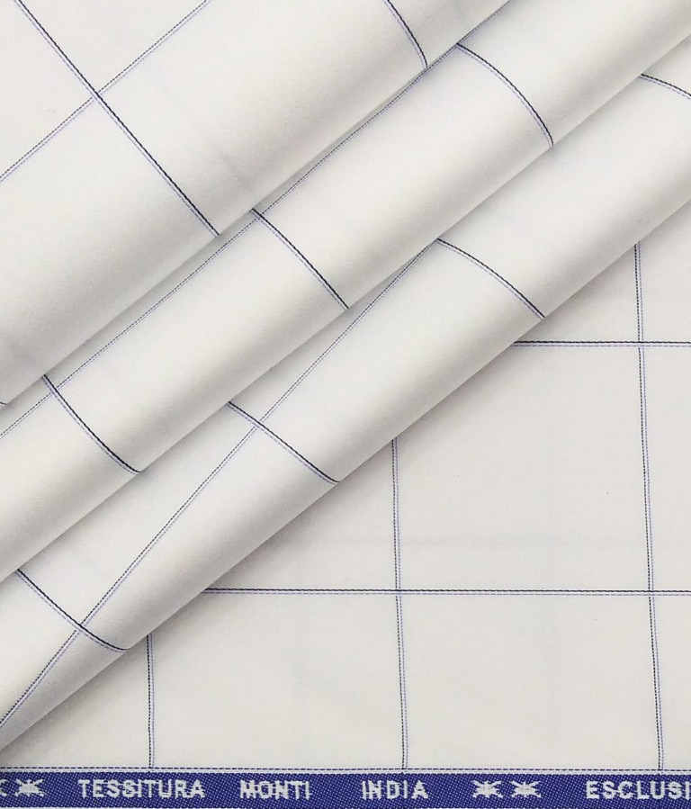 Tessitura Monti Men's White 100% Giza Cotton Broad Blue Checks Shirt Fabric (1.60 M)