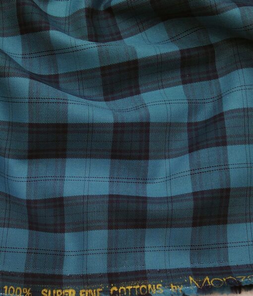 Monza Men's Dark Firozi Blue 100% Superfine Cotton Broad Checks Shirt Fabric (1.60 M)
