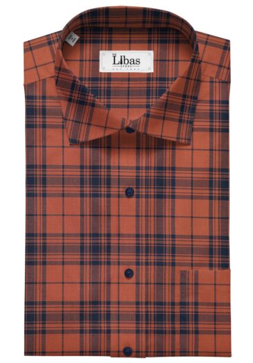 Monza Men's Brick Red 100% Superfine Cotton Broad Blue Checks Shirt Fabric (1.60 M)