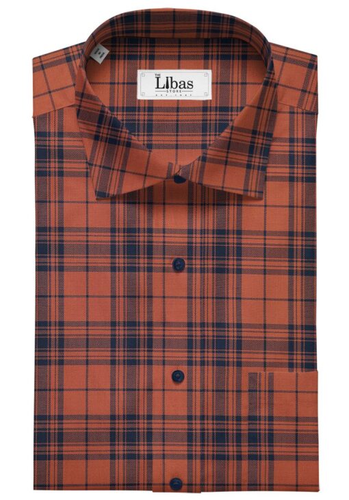 Monza Men's Brick Red 100% Superfine Cotton Broad Blue Checks Shirt Fabric (1.60 M)