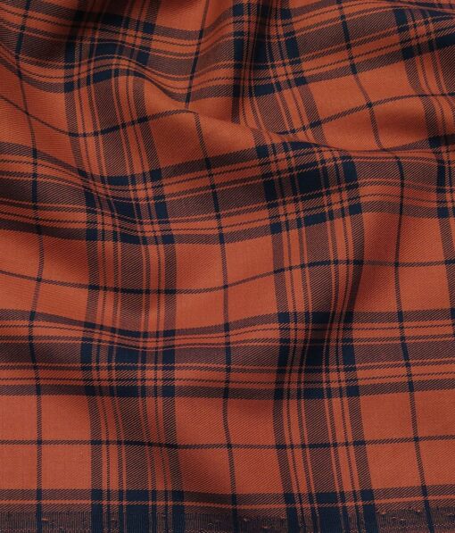 Monza Men's Brick Red 100% Superfine Cotton Broad Blue Checks Shirt Fabric (1.60 M)