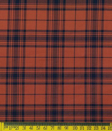 Monza Men's Brick Red 100% Superfine Cotton Broad Blue Checks Shirt Fabric (1.60 M)