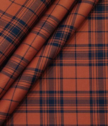Monza Men's Brick Red 100% Superfine Cotton Broad Blue Checks Shirt Fabric (1.60 M)