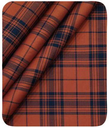 Monza Men's Brick Red 100% Superfine Cotton Broad Blue Checks Shirt Fabric (1.60 M)