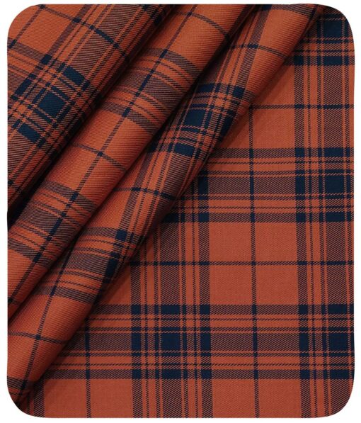 Monza Men's Brick Red 100% Superfine Cotton Broad Blue Checks Shirt Fabric (1.60 M)
