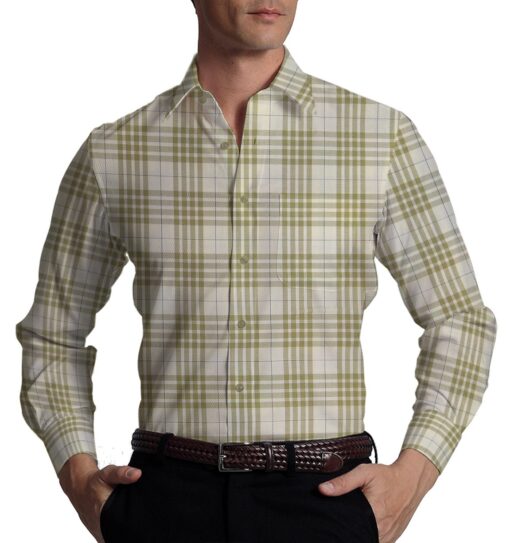 Monza Men's Cream 100% Superfine Cotton Broad Beige Checks Shirting Fabric (1.80 Meter)