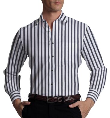 Monza Men's White 100% Superfine Cotton Black Stripes Shirt Fabric (1.80 Meter)