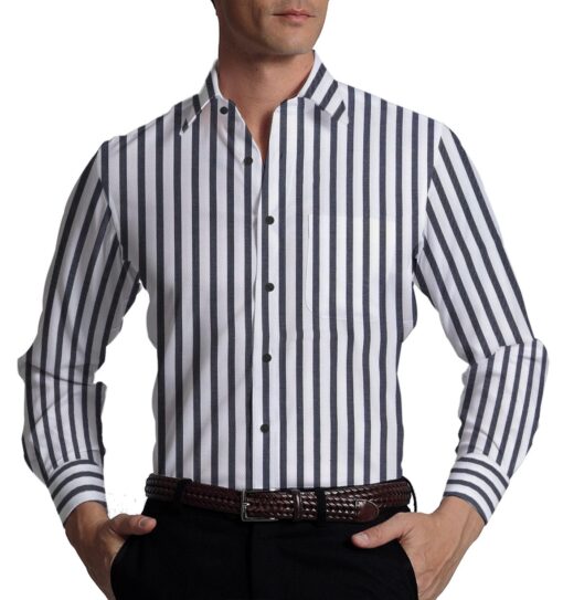 Monza Men's White 100% Superfine Cotton Black Stripes Shirt Fabric (1.80 Meter)