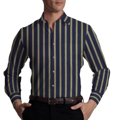 Monza Men's Dark Blue 100% Superfine Cotton Brown Stripes Shirt Fabric (1.60 M)
