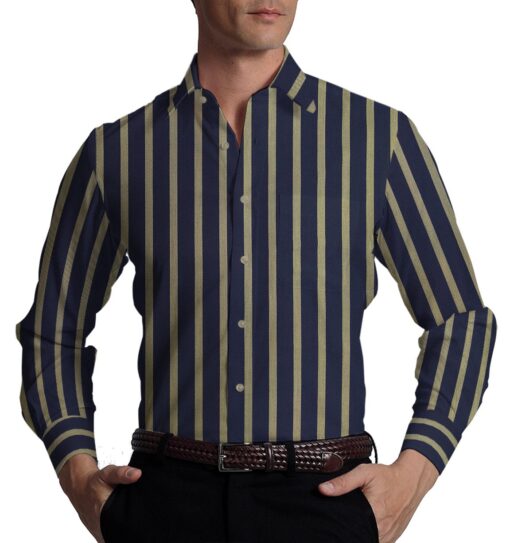 Monza Men's Dark Blue 100% Superfine Cotton Brown Stripes Shirt Fabric (1.60 M)