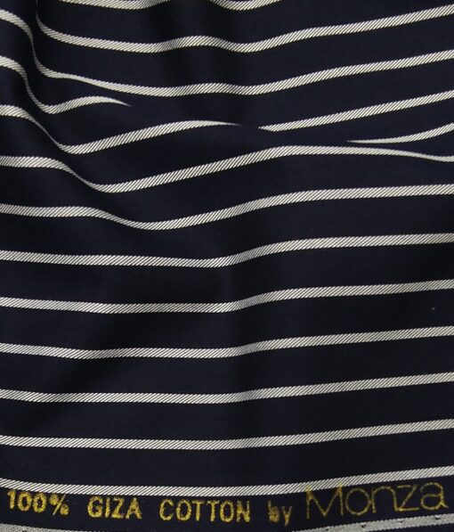 Monza Men's Dark Blue 100% Giza Cotton White Stripes Shirt Fabric (1.60 M)