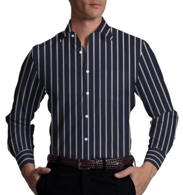 Monza Men's Dark Blue 100% Giza Cotton White Stripes Shirt Fabric (1.60 M)