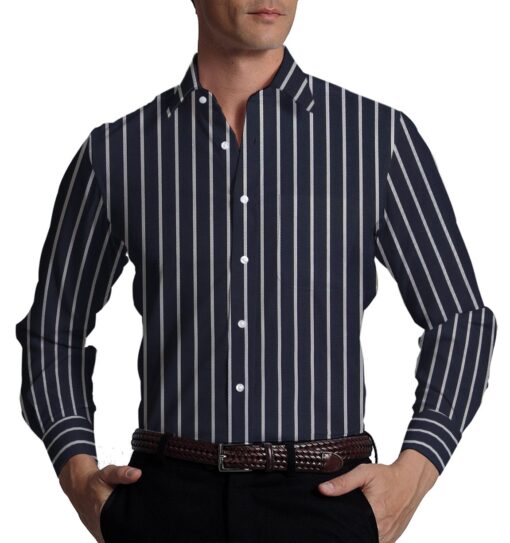 Monza Men's Dark Blue 100% Giza Cotton White Stripes Shirt Fabric (1.60 M)