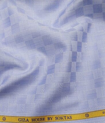 Soktas Men's Sky Blue 100% Egyptian Cotton 2 Ply Super 120's Self Checks Shirt Fabric (1.60 M)