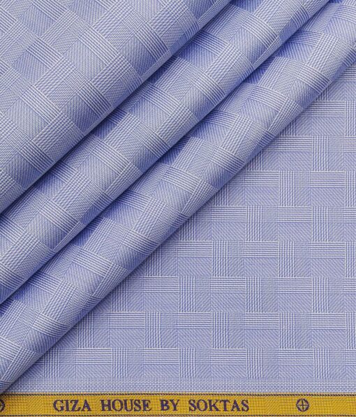 Soktas Men's Sky Blue 100% Egyptian Cotton 2 Ply Super 120's Self Checks Shirt Fabric (1.60 M)