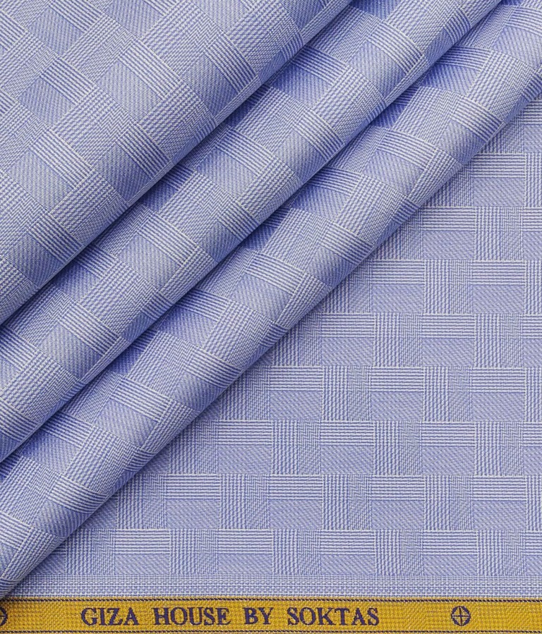 Soktas Men's Sky Blue 100% Egyptian Cotton 2 Ply Super 120's Self Checks Shirt Fabric (1.60 M)