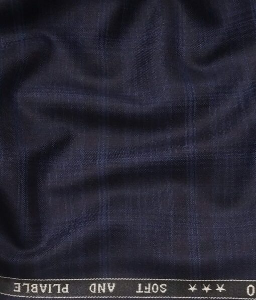 Raymond Dark Blue Polyester Viscose Royal Blue Broad Self Checks Unstitched Suiting Fabric - 3.75 Meter