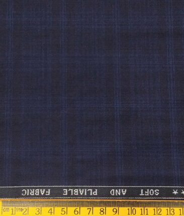 Raymond Dark Blue Polyester Viscose Royal Blue Broad Self Checks Unstitched Suiting Fabric - 3.75 Meter