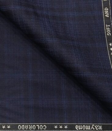 Raymond Dark Blue Polyester Viscose Royal Blue Broad Self Checks Unstitched Suiting Fabric - 3.75 Meter