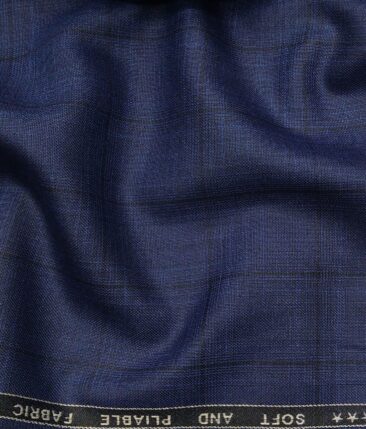 Raymond Royal Blue Polyester Viscose Self Black Checks Unstitched Suiting Fabric - 3.75 Meter