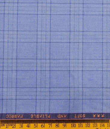 Raymond Sky Blue Polyester Viscose Self Broad Checks Unstitched Suiting Fabric - 3.75 Meter