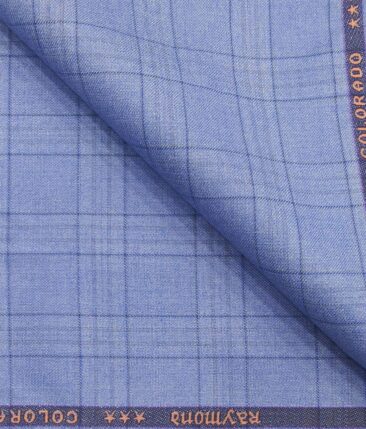 Raymond Sky Blue Polyester Viscose Self Broad Checks Unstitched Suiting Fabric - 3.75 Meter