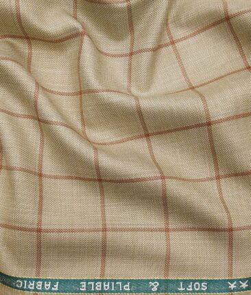 Raymond Egg Nog Beige Polyester Viscose Red Broad Checks Unstitched Suiting Fabric - 3.75 Meter