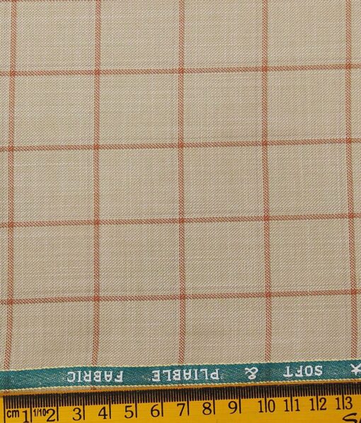 Raymond Egg Nog Beige Polyester Viscose Red Broad Checks Unstitched Suiting Fabric - 3.75 Meter