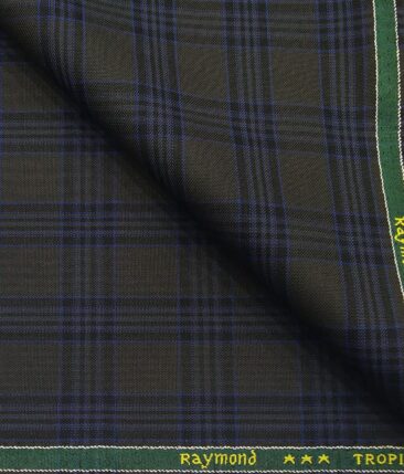 Raymond Grey Polyester Viscose Blue Broad Checks Unstitched Suiting Fabric - 3.75 Meter